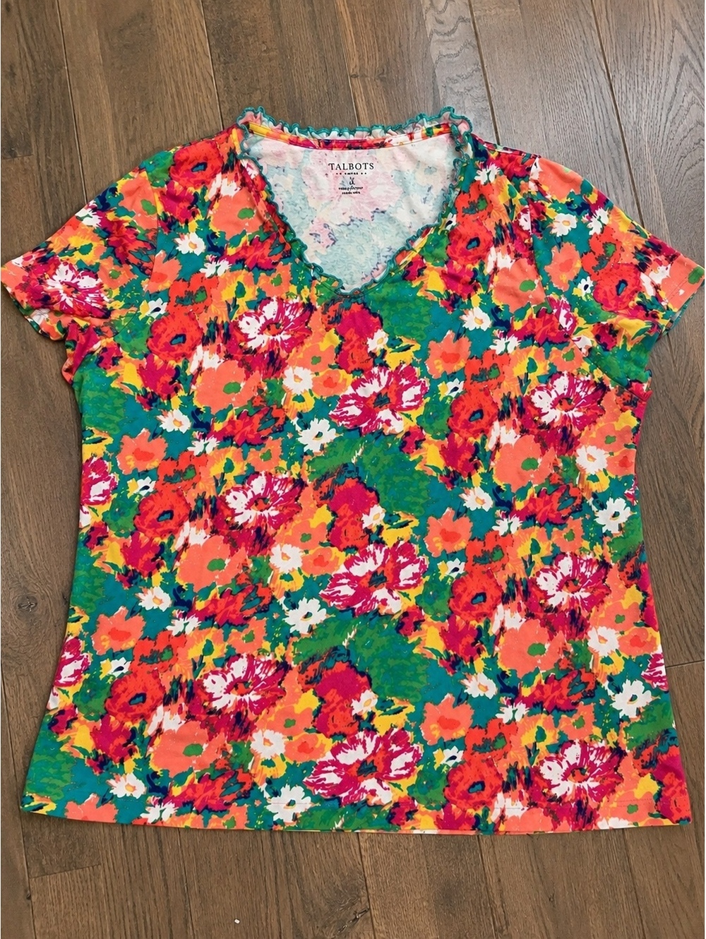 Talbots Woman 1X Floral Cotton Top Multicolor Ruffle Neck Short Sleeve Shirt